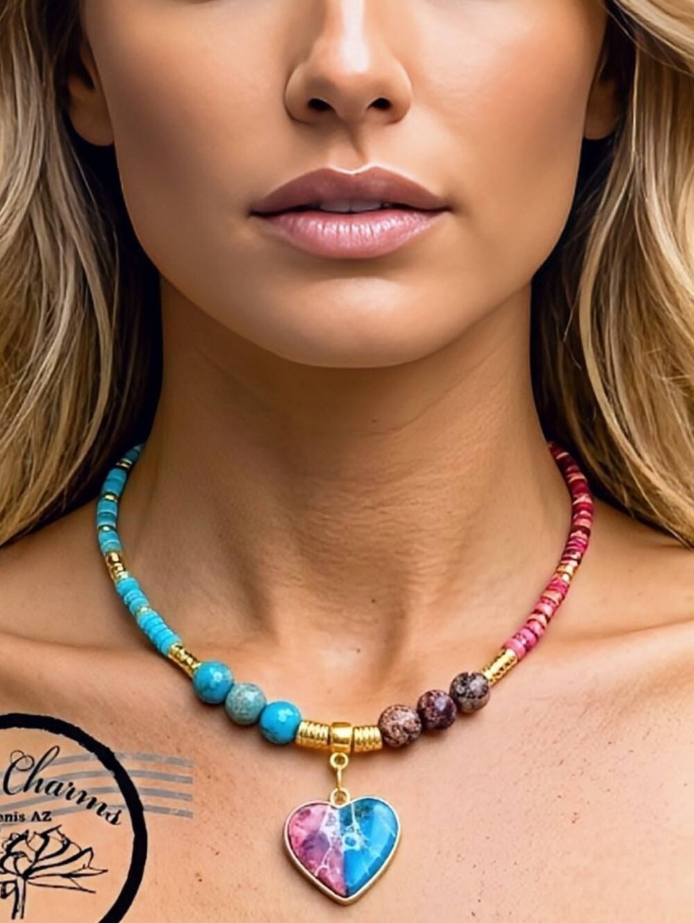 Jasper Sea Sediment Fuchsia & Sky Blue W/ Pendant In Dainty Vibrant Necklace